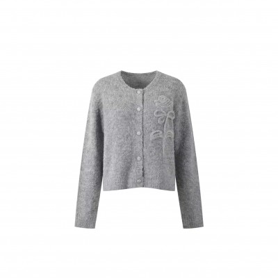 CELINE SOLID ROSE ACCENT O-NECK LONG SLEEVE KNIT CARDIGAN 